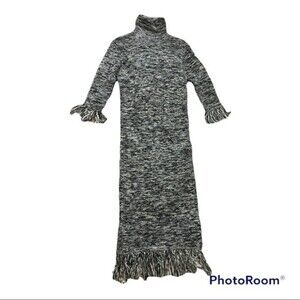 MOON Fringe Turtleneck Three Quarter Tweed Sweater Dress Large